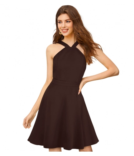 Women's Knitting strachable Solid Halter Neck Sleeveless Dresses (Coffee)
