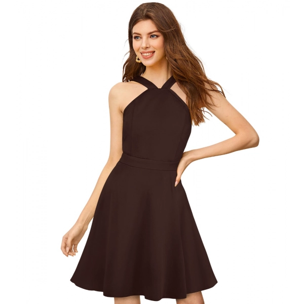 Dropship Women's Knitting stretchable Solid Halter Neck Sleeveless Dress (Coffee)