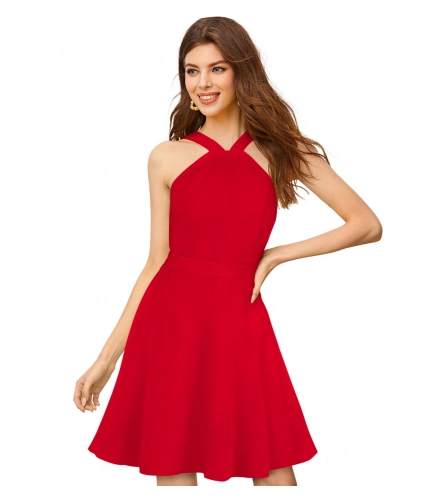 Women's Knitting strachable Solid Halter Neck Sleeveless Dresses (Red )