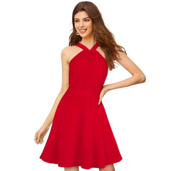 Dropship Women's Knitting stretchable Solid Halter Neck Sleeveless Dress (Red )