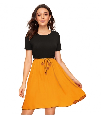 Women's Knitting strachable Solid Round Neck Cap Sleeve Dresses (Yellow)