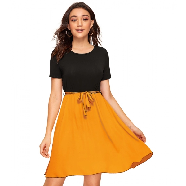 Dropship Women's Knitting stretchable Solid Round Neck Cap Sleeve Dress (Yellow)