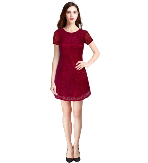 Women's Rasal Solid Round Neck Cap Sleeve Dress (Maroon)