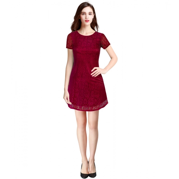 Dropship Women's Rasal Solid Round Neck Cap Sleeve Dress (Maroon)