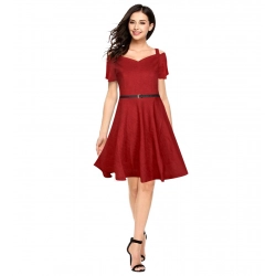Women's Polyester Solid V Neck Cap Sleeve Dress (Maroon)