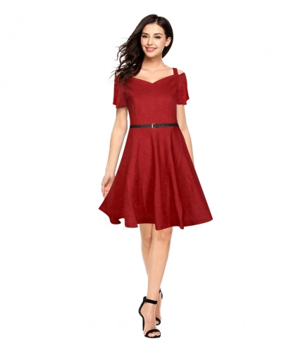 Women's Polyster Solid V Neck Cap Sleeve Dresses (Maroon)