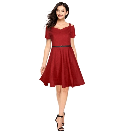 Women's Polyester Solid V Neck Cap Sleeve Dress (Maroon)