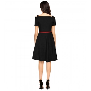 Generic Women's Polyester Solid V Neck Cap Sleeve Dress (Black)