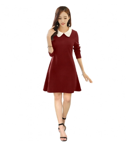 Women's Polyster Solid Collar 3-4th Dresses (Maroon)