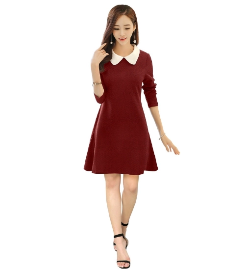 Women's Polyester Solid Collar 3-4th Dress (Maroon)