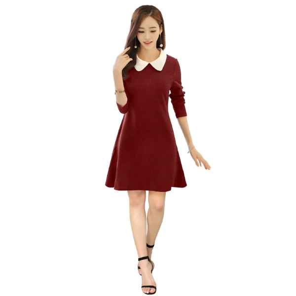 Dropship Women's Polyester Solid Collar 3-4th Dress (Maroon)