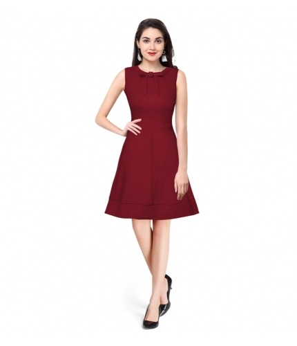 Women's Polyster Solid Round Neck Sleeveless Dresses (Maroon)