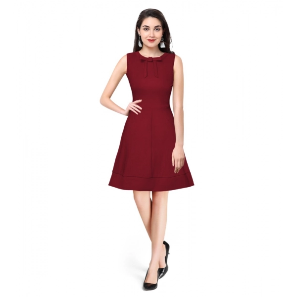 Dropship Women's Polyester Solid Round Neck Sleeveless Dress (Maroon)