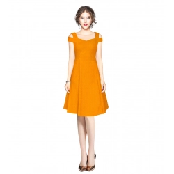 Women's Polyester Solid V Neck Cap Sleeve off Shoulder Dress (Yellow)