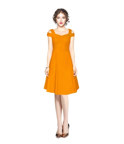 Women's Polyster Solid V Neck Cap Sleeve off Sholder Dresses (Yellow)
