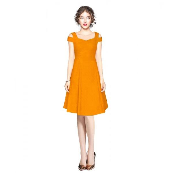 Dropship Women's Polyester Solid V Neck Cap Sleeve off Shoulder Dress (Yellow)