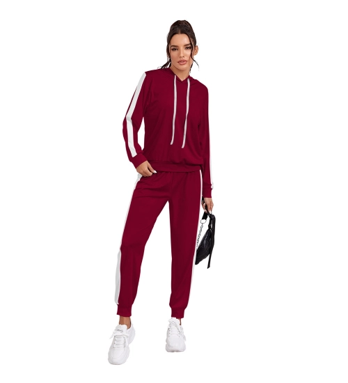 Women's Knitting stretchable Solid Hooded Neck Full Sleeve Track Suit (Maroon)