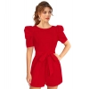 Dropship Women's Knitting stretchable Solid Round Neck 3-4 Puff Sleeve Dress (Red )