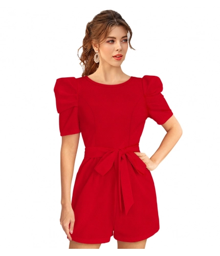 Women's Knitting strachable Solid Round Neck 3-4 Puff Sleeve Dresses (Red )