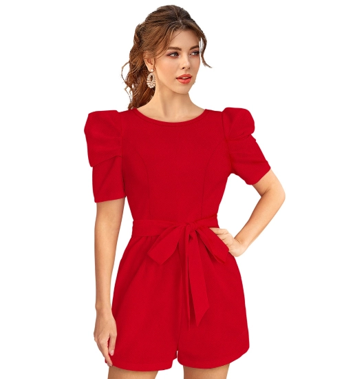 Women's Knitting stretchable Solid Round Neck 3-4 Puff Sleeve Dress (Red )