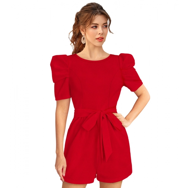 Dropship Women's Knitting stretchable Solid Round Neck 3-4 Puff Sleeve Dress (Red )