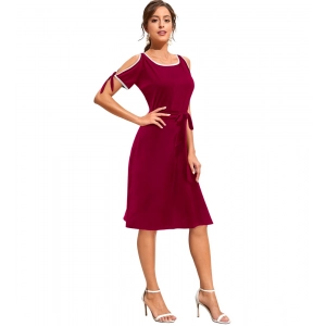 Generic Women's Knitting stretchable Solid Round Neck Sleeveless Dress (Maroon)