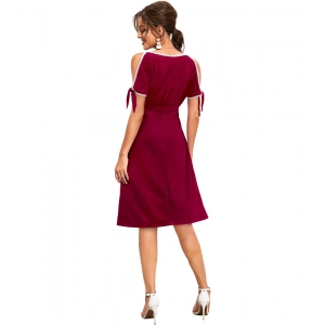 Generic Women's Knitting stretchable Solid Round Neck Sleeveless Dress (Maroon)