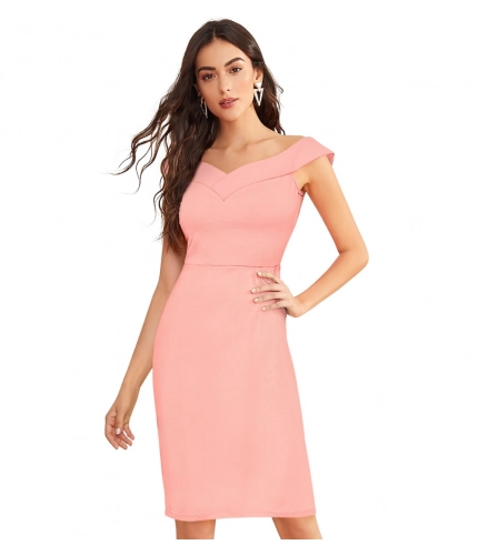 Women's Knitting strachable Solid Round Neck Sleeveless Dresses (Peach)
