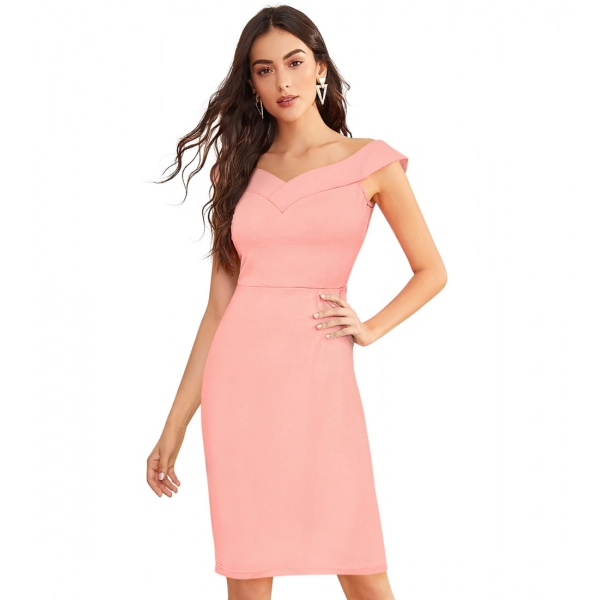 Dropship Women's Knitting stretchable Solid Round Neck Sleeveless Dress (Peach)
