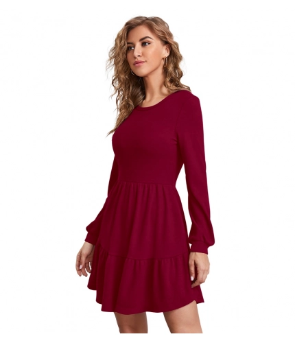Women's Knitting strachable Solid Round Neck Full Sleeve Dresses (Maroon)