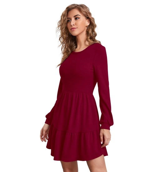 Women's Knitting stretchable Solid Round Neck Full Sleeve Dress (Maroon)