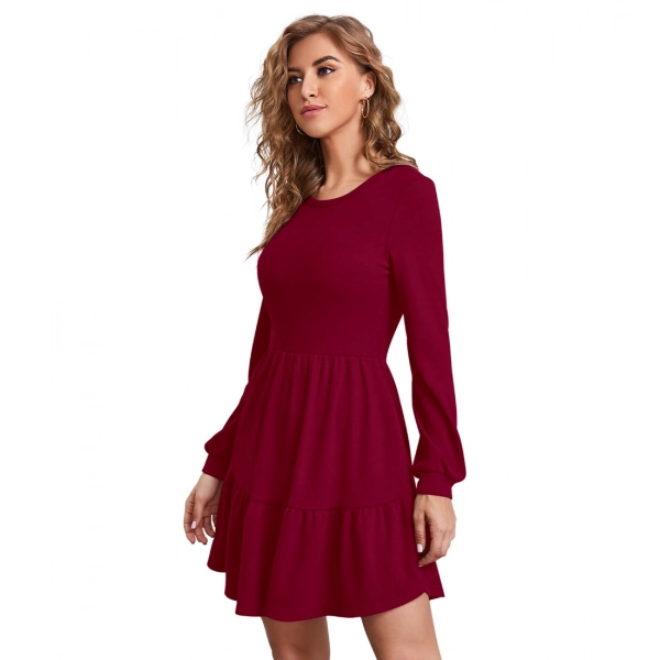 Dropship Women's Knitting stretchable Solid Round Neck Full Sleeve Dress (Maroon)