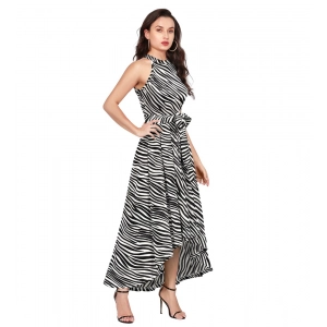 Generic Women's Polyester Zebra Pattern Halter Neck Sleeveless Dress (White)