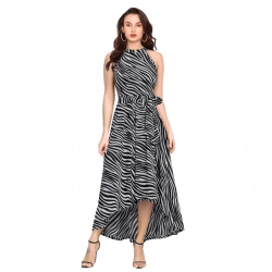 Women's Polyester Zebra Pattern Halter Neck Sleeveless Dress (Navy Blue)