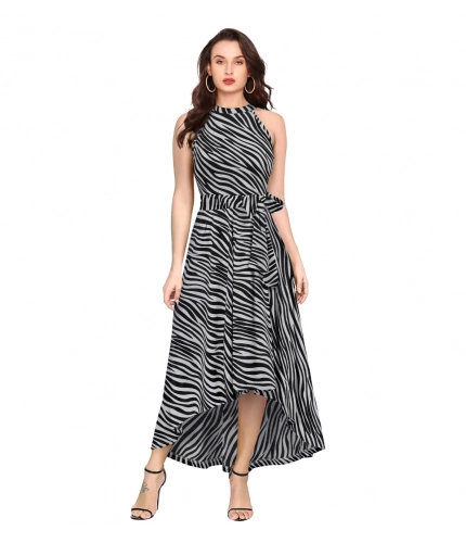 Women's Polyster Zebra Pattern Helter Neck Sleeveless Dresses (Nevy Blue)