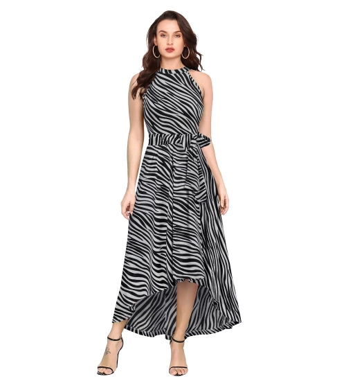 Women's Polyester Zebra Pattern Halter Neck Sleeveless Dress (Navy Blue)