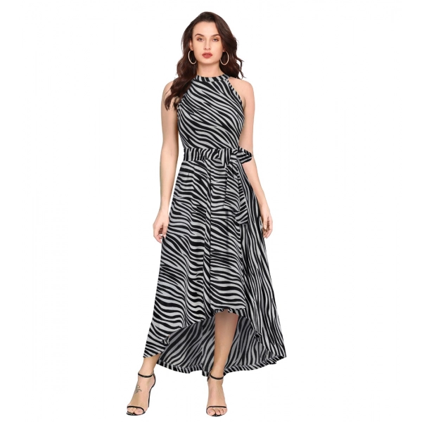 Dropship Women's Polyester Zebra Pattern Halter Neck Sleeveless Dress (Navy Blue)
