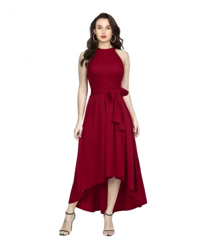 Women's Polyster Solid Helter Neck Sleeveless Dresses (Maroon)