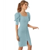 Dropship Women's Knitting stretchable Solid Square Neck 3-4 Puff Sleeve Dress (Pista)