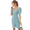 Dropship Women's Knitting stretchable Solid Square Neck 3-4 Puff Sleeve Dress (Pista)
