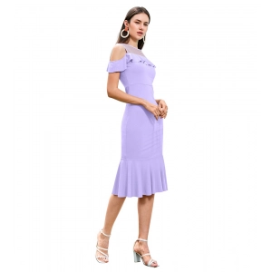 Generic Women's Knitting stretchable Solid Round Neck Sleeveless Dress (Purple)