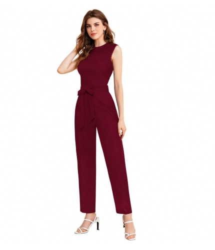 Women's Knitting strachable Solid Round Neck Sleeveless Jumpsuit (Maroon)