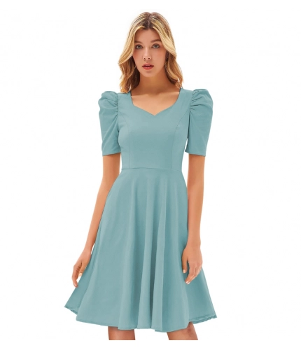 Women's Knitting strachable Solid V Neck Cap Sleeve Dresses (Pista)