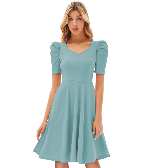 Women's Knitting stretchable Solid V Neck Cap Sleeve Dress (Pista)