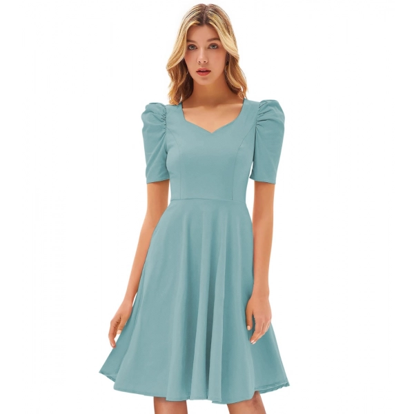 Dropship Women's Knitting stretchable Solid V Neck Cap Sleeve Dress (Pista)