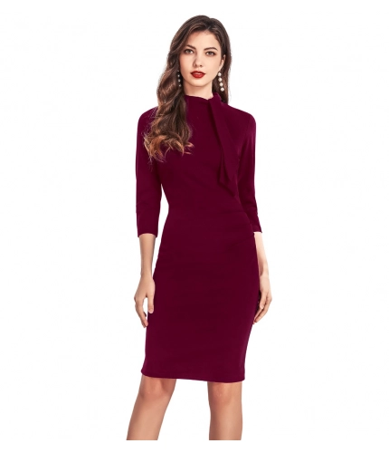 Women's Knitting strachable Solid Round Neck 3-4th Dresses (Maroon)