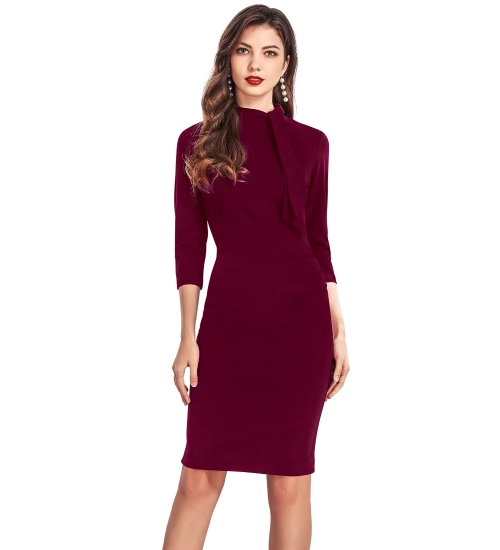 Women's Knitting stretchable Solid Round Neck 3-4th Dress (Maroon)