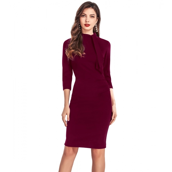 Dropship Women's Knitting stretchable Solid Round Neck 3-4th Dress (Maroon)