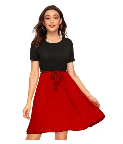 Women's Knitting strachable Solid Round Neck Cap Sleeve Dresses (Red)