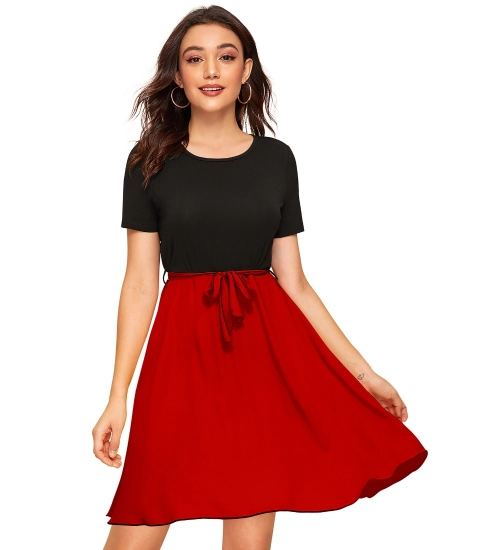 Women's Knitting stretchable Solid Round Neck Cap Sleeve Dress (Red)